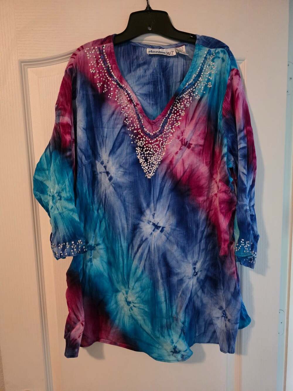 Denim 24/7 Plus Size 1X Embellished Tie-Dye Tunic Top